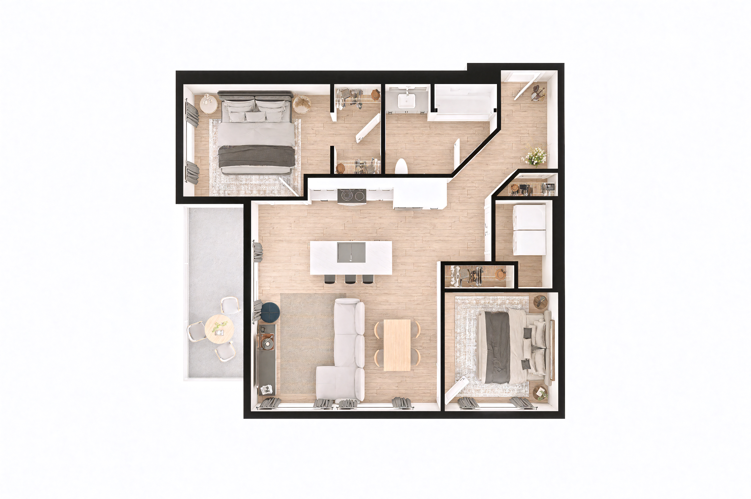 Floor plan for 2 beds, 1 bath, 895 sqft